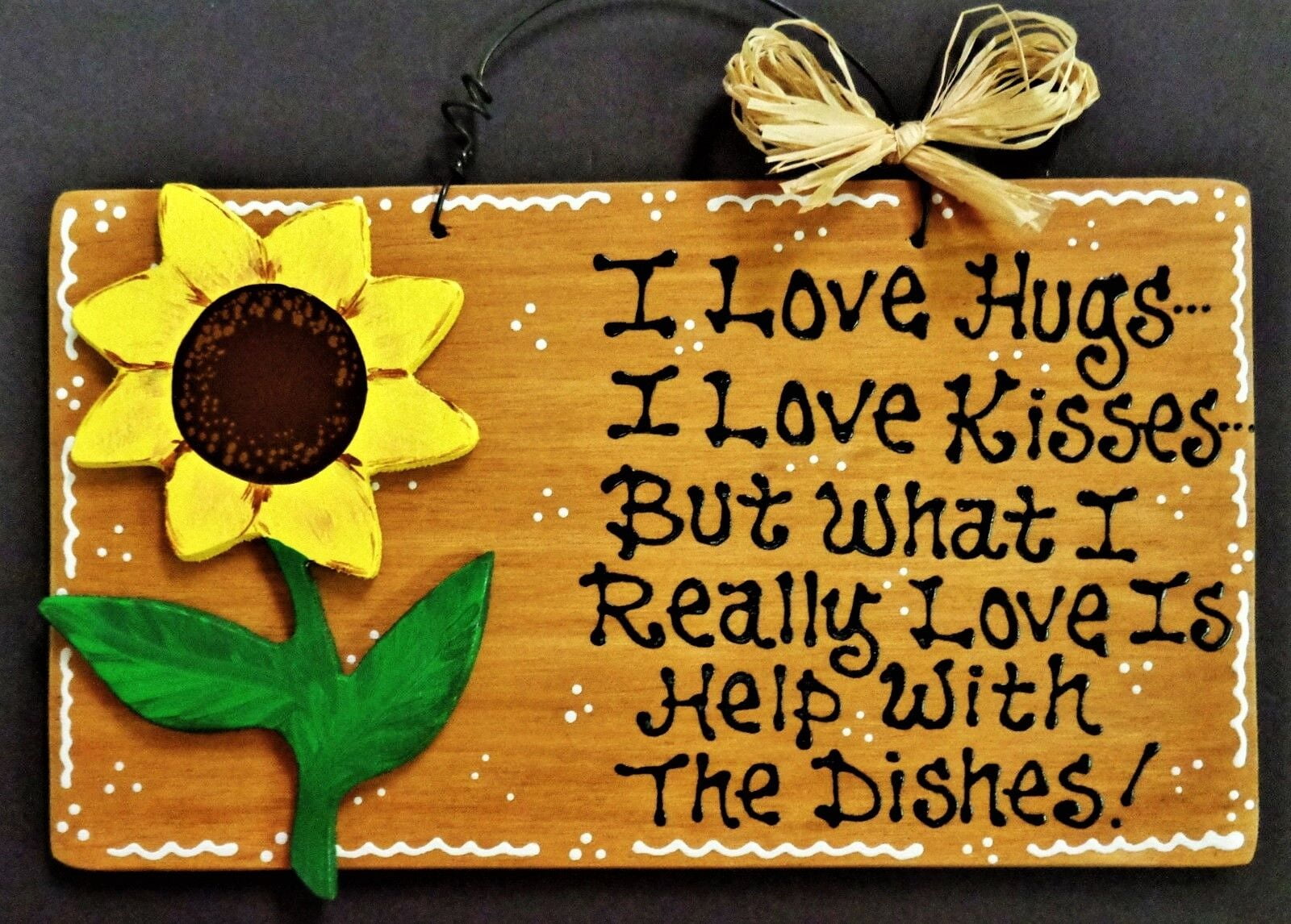 SUNFLOWER HugsKissesDishes KITCHEN SIGN Wall Art Hanger Plaque