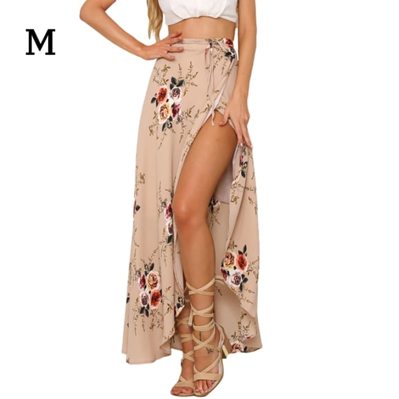 Falda Larga Con Estampado Floral Mujer Ropa De Verano Falda Con Abertura Con Cordones, Gris Rosa, M sidaley AP001656-02