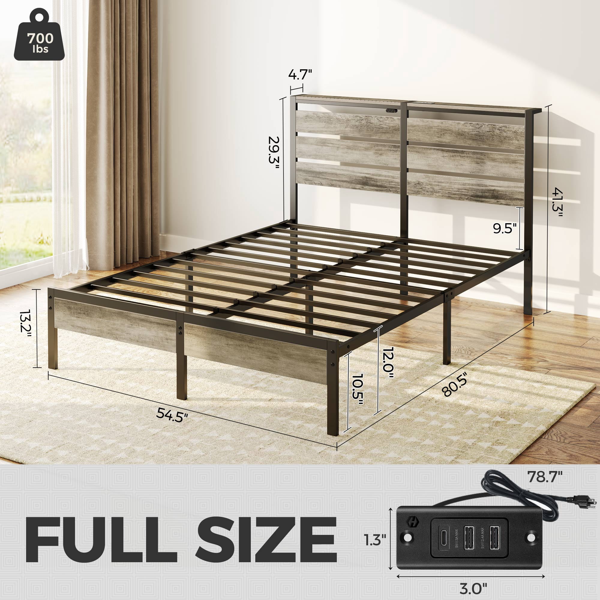 Greenstell Full Size Bed Frame with Storage Headboard,Wood Platform Bed with LED Lights & USB Charging Station,Double Bed Frame with Metal Slats,Light Gray