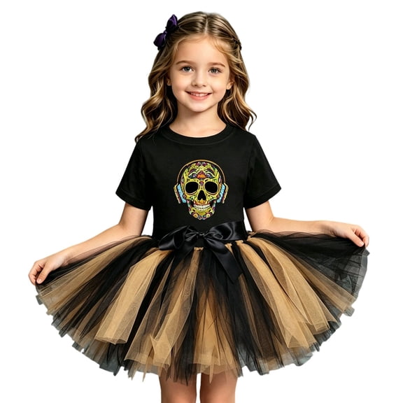 Yuncity Girls Outfit Set Halloween Skeleton Short Sleeve Tops Layered Tulle Tutu Skirt Bow Headband Holiday Party Cosplay 2 Piece Clothes Size 5-6 Years