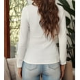 thumbnail image 3 of Women's White Scoop Neck Button Closure Ribbed Long Sleeve Top, 3 of 9