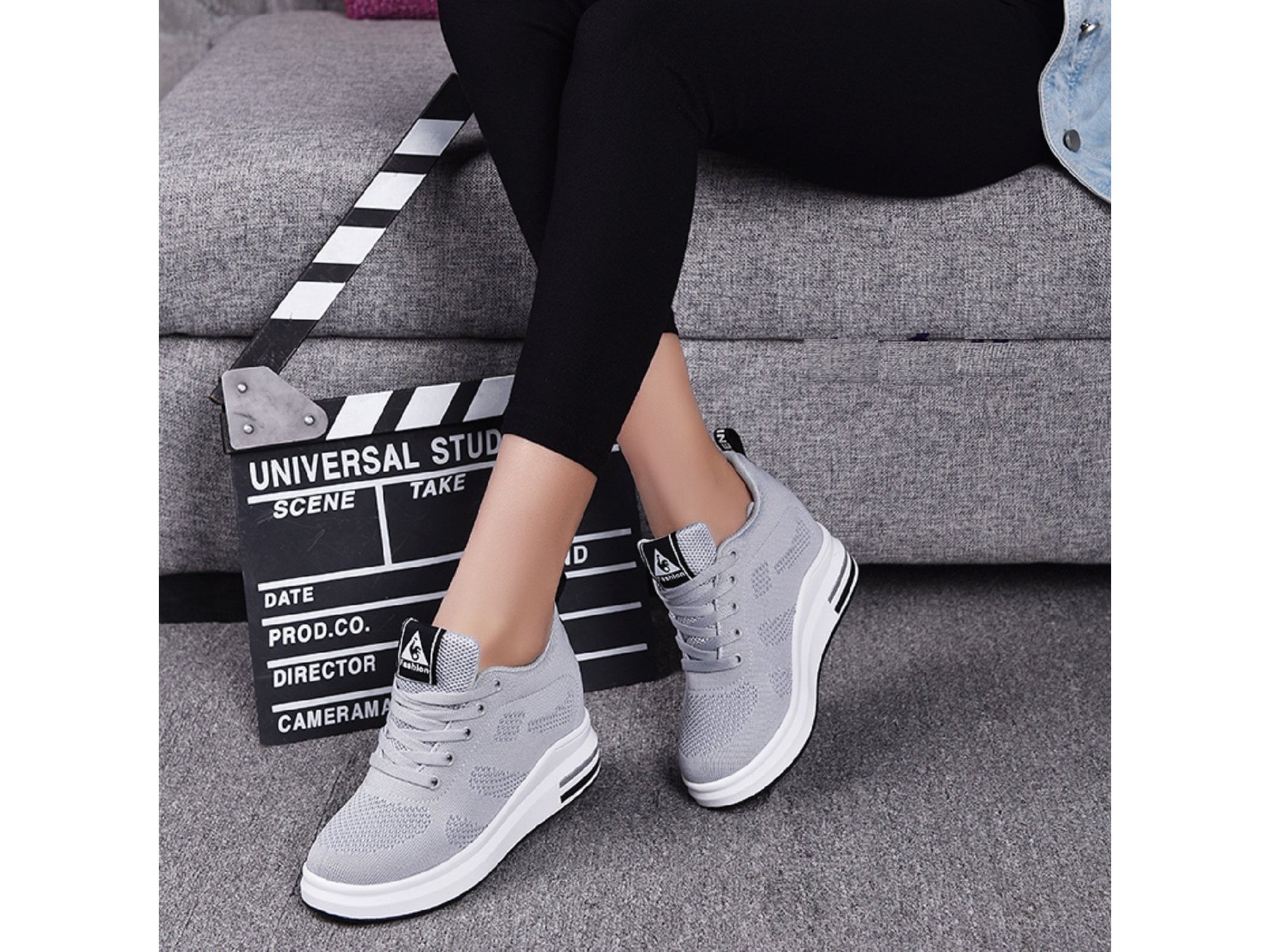 gray knit sneakers