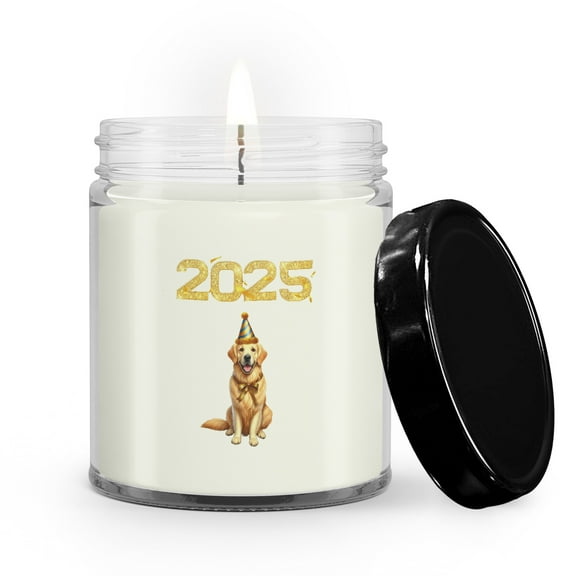 Happy New Year Golden Retriever Welcome 2025 Balloon Firework Party Soy Wax Candle Goldens Dog Lover Gifts Idea 9oz White Birch & Black Pepper Candle - 01014