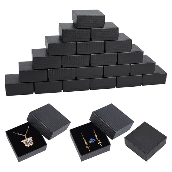 24 Pack Cardboard Jewelry Boxes 3x3x1.4 Inch Black Paper Jewelry Storage Box with Sponge Interior Modern Square Case Cardboard Present Box DIY