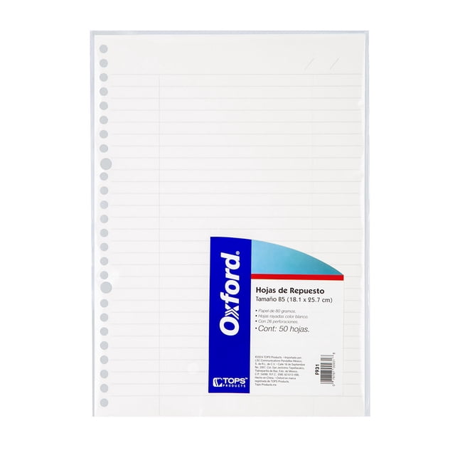 Paquete de 50 Hojas de Repuesto con Rayas, Oxford, B5 (18.3 x 26 cm)