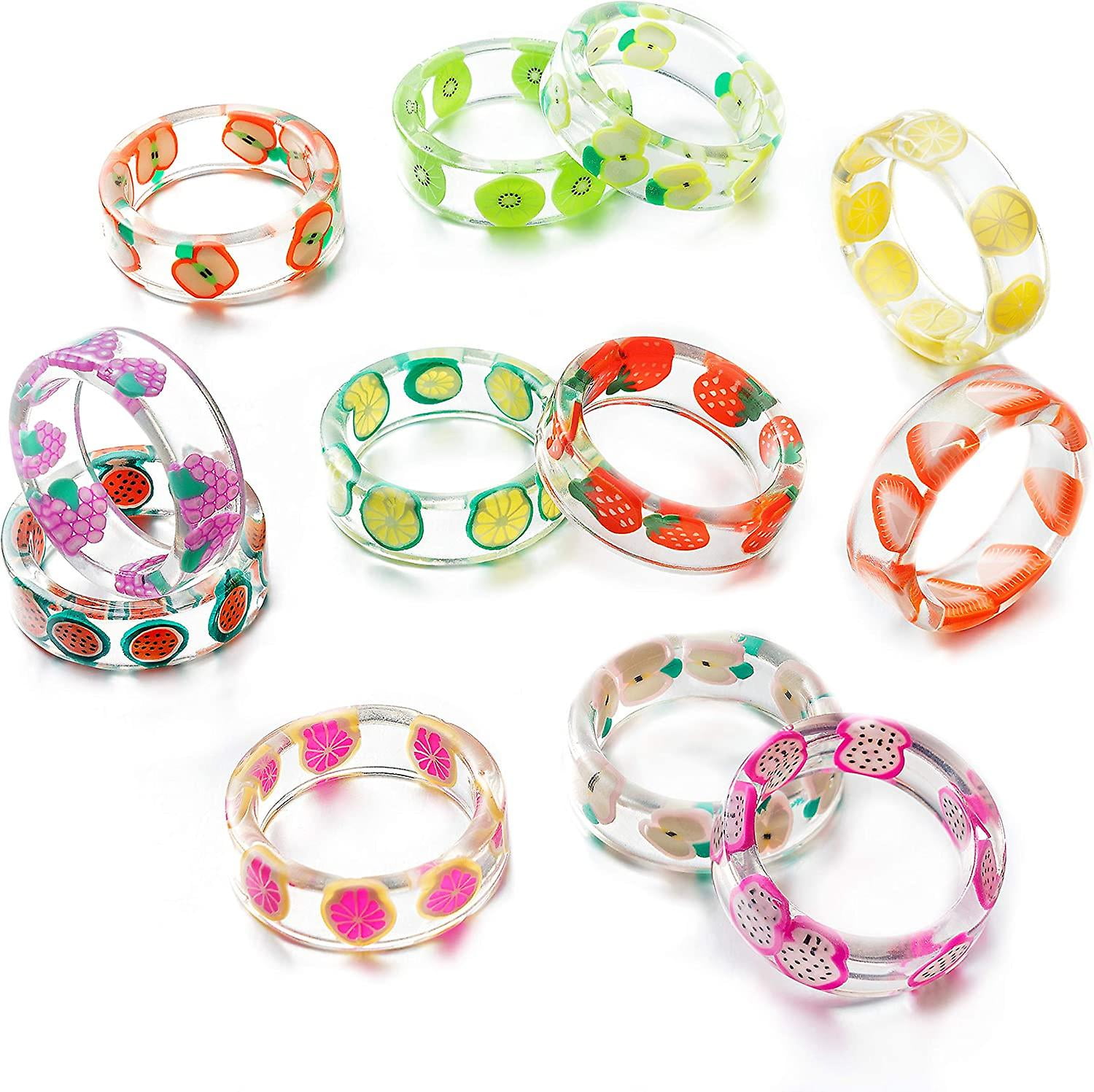 Juego de 12 Uds. De anillos de resina para frutas bonito Pitaya fresa manzana sandia limon kiwi pomelo anillo transparente de resina de pomelo TUNC Sencillez Walmart en linea