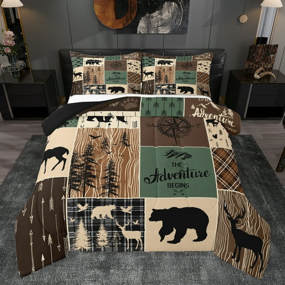 Homewish Moose Bear Deer Bedding Comforter Set, Vintage Brown Green Buffalo Twin Comforter Sets, Western Countryside Reversible Bedding Set, Breathable Home Decor, 2pcs