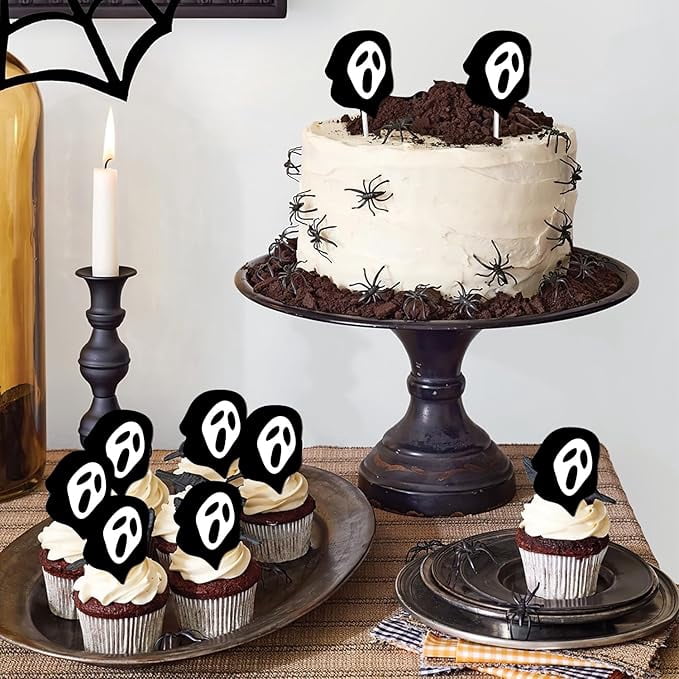 24PCS Halloween Horror Movie Cupcake Toppers Halloween Party Decorations Black Ghost Cupcake Toppers Scary Movie Themed Cake Decorations for Halloween Horror Movie Themed Party Decor Supplies