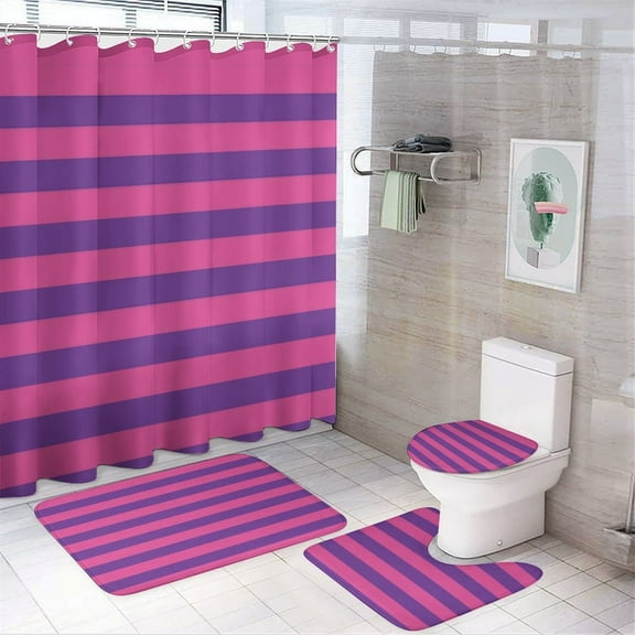 Rayas Rosas Y Moradas Shower Curtain Sets Non-Slip Rugs Bath Mat Toilet Cover U Shaped Mat 4 Pcs