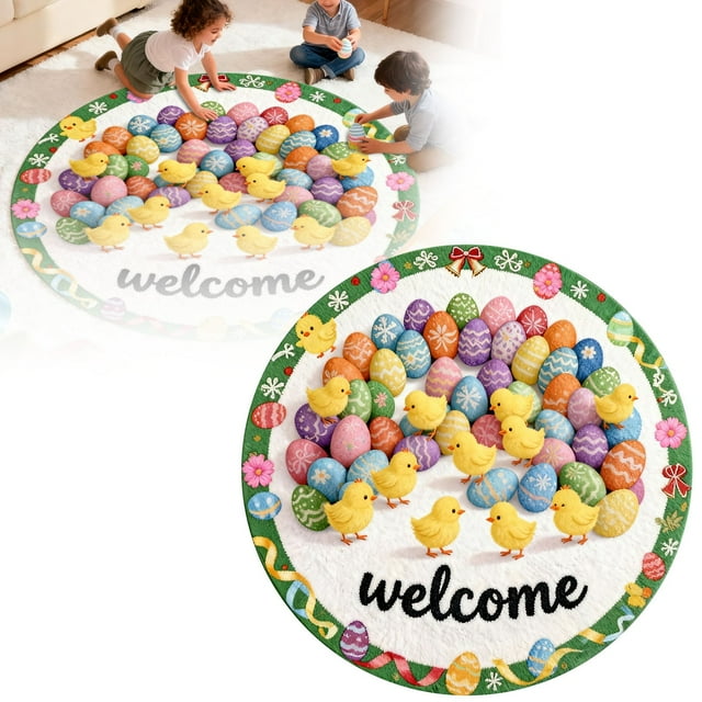 Easter Bunny Welcome Mat Round Non- Absorbent Durable Floor Rug for Holiday