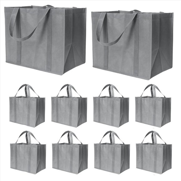35L Reusable Grocery Bags with Long Handles, 10 Pack Foldable Reusable Shopping Bags, Grocery Bulk Tote Bags Grey,10 x Shopping Bag,Grey