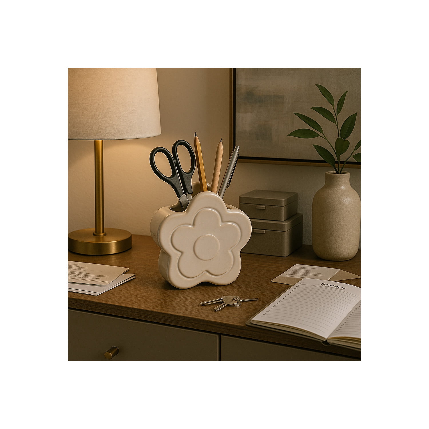 Decorative Ceramic Flower Shape Desktop Organizer for Home Decor - Small Desk Organizer for Office, Workspaces, or Storage - Stylish Office Accessory Decor for Bedroom or Bathroom - 6", Ivory & White