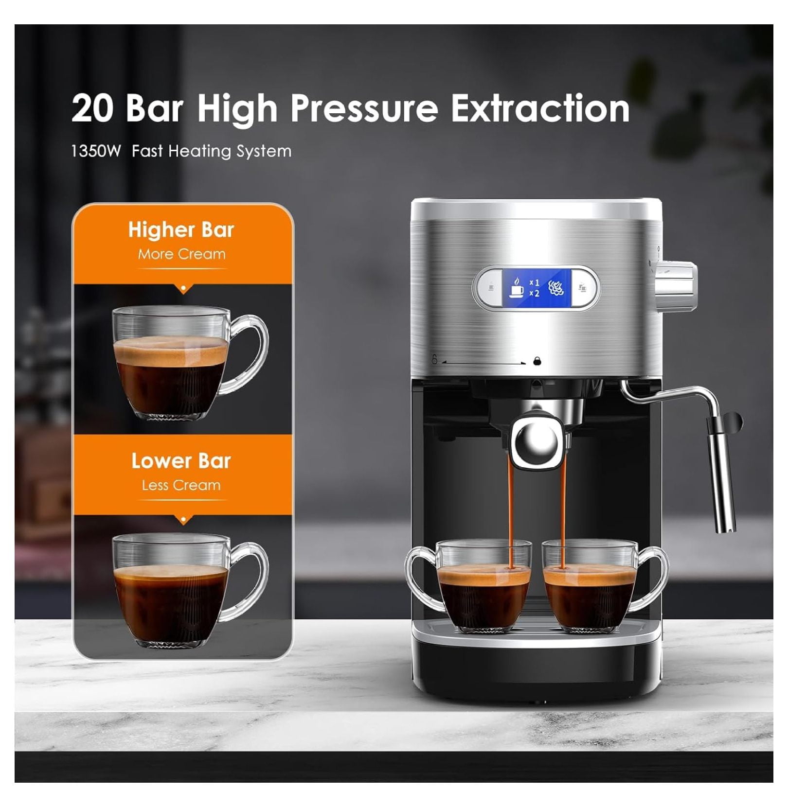 Espresso Machine 20 Bar, Semi-Automatic Espresso Maker with Milk Frother Wand, 45 OZ Removable Water for Cappuccino, Latte, Home