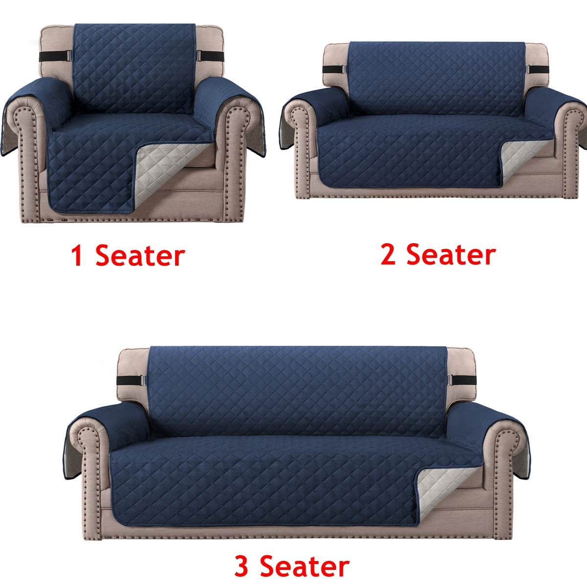 SHANNA Sofa Covers for Armchair, Water Repellent Reversible Quilted Sofa Slipcovers, Non Slip Sofa Covers 1 Seater, Furniture Protector with Elastic Strap for Pets Kids Dog Cat, Navy Blue, 1-Seater