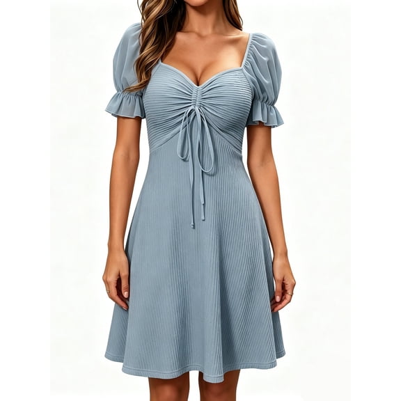 Womens Summer Sweetheart Neck Short Puff Sleeve Mini Drawstring Casual Slim Flowy Dress Sundress