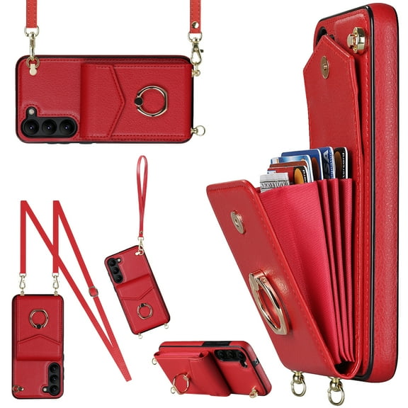 for Samsung Galaxy S23 Wallet Case with Magnetic RFID Blocking Rotated Ring Holder Kickstand Cover, PU Leather Crossbody Shoulder Strap Lanyard Case with Card Slot Bag Kickstand Case,Red
