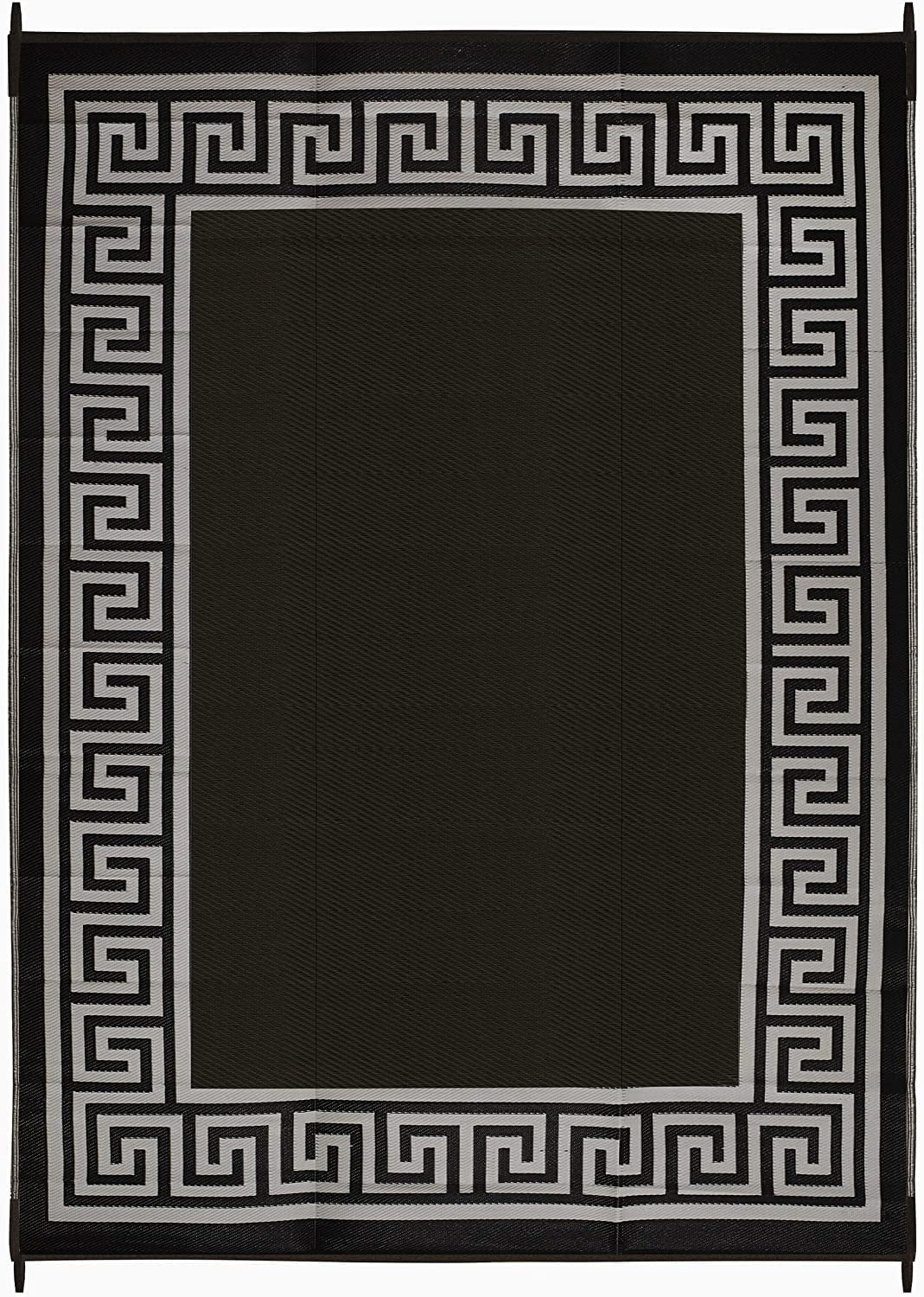 FH Home Outdoor Rug - Waterproof, Fade Resistant, Reversible - Premium Recycled Plastic - Greek Border - Large Patio, Deck, Sunroom, RV, Camping - Athens - Black & White - 9 x 12 ft Foldable