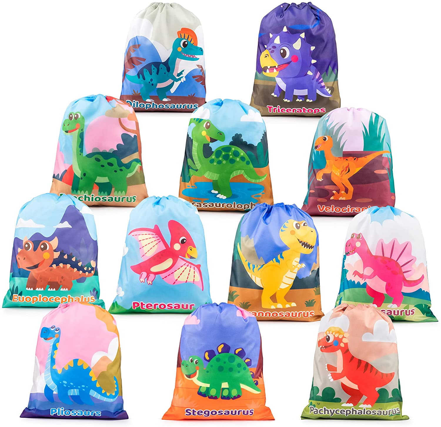 Mocoosy 12 Pack Dinosaur Party Favor Drawstring Bags for Kids Birthday, Mutilcolor Dino Goodie Candy Treat Gift Bags for Boy Girls Shower Supplies