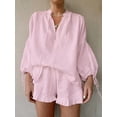 thumbnail image 3 of Women'S Shorts Set, Two-Piece, Long-Sleeved Tie-Dress Top and Ruffled Boxer Shorts, Matching Casual Set Pink S, 3 of 7
