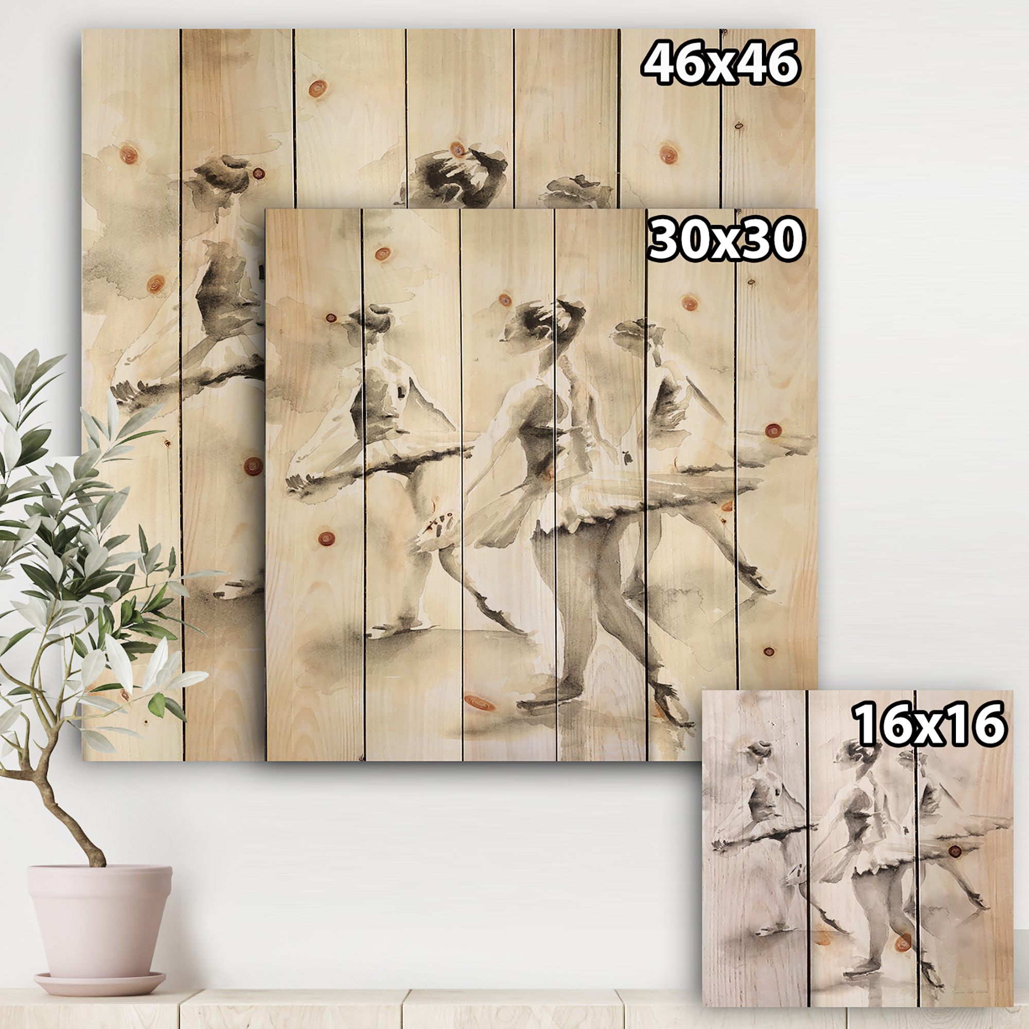 Designart 'Monochrome Watercolors Ballerinas Dance I' French Country Print on Natural Pine Wood