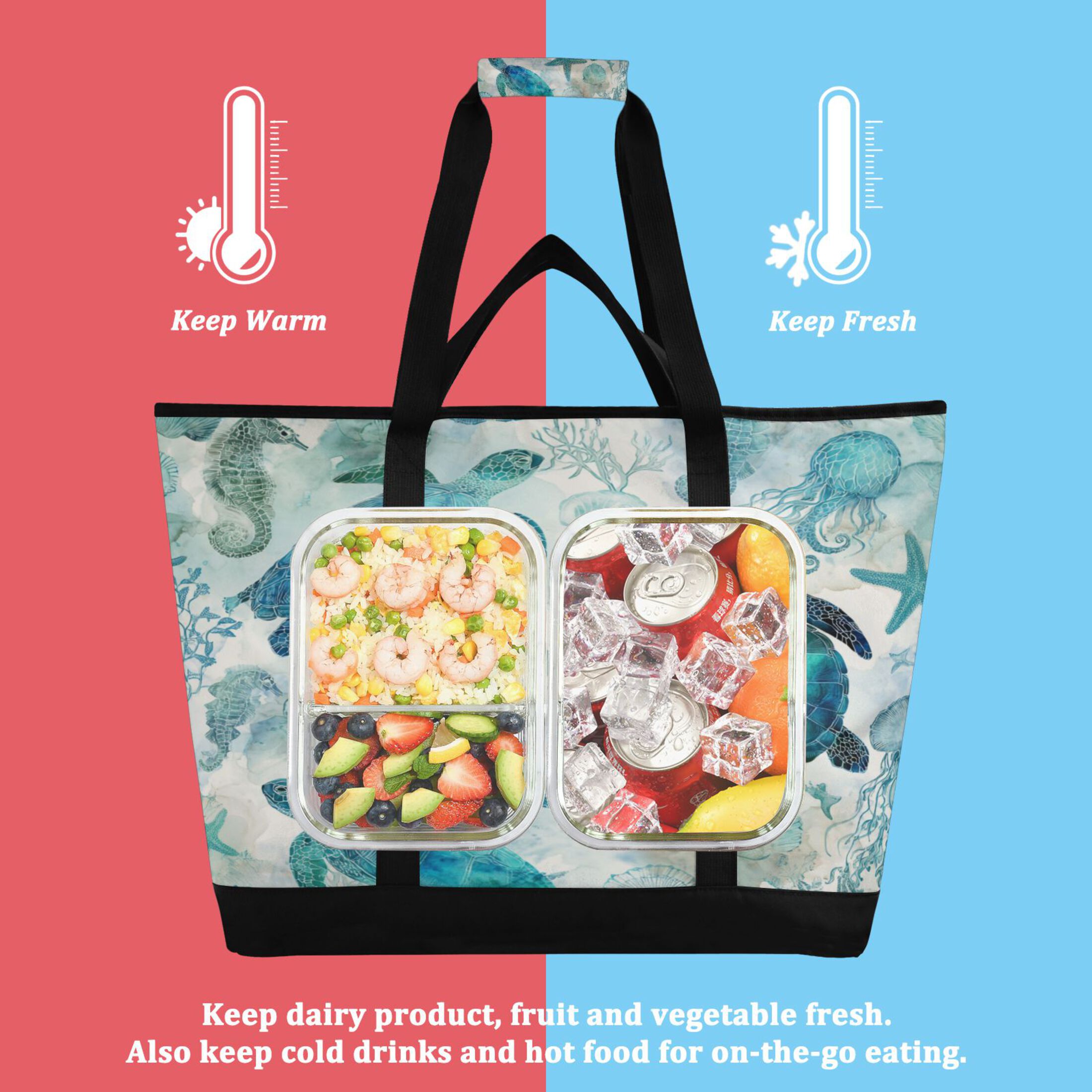 Extra-Large Wide Opening Design Capacity Hand-Held Ice Pack Thickened Insulation Layer For Long-Lasting Cold Retention For Outdoor Shopping Picnics And Camping Green Adorable Sea Creatures