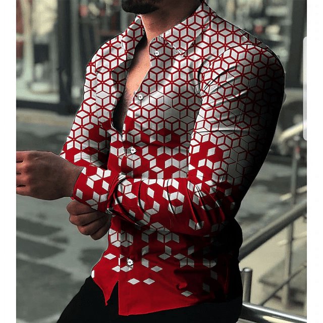 Camisa gráfica para hombre, cuello geométrico, informal, manga larga, botones, estampado, ropa de moda, patrón geométrico de negocios