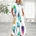thumbnail image 2 of Penkiiy Women's Summer Casual Short Sleeve Crewneck Dress Casual Flowy Tiered Maxi Beach Dress With Pockets Feather Printing Dress M White, 2 of 6