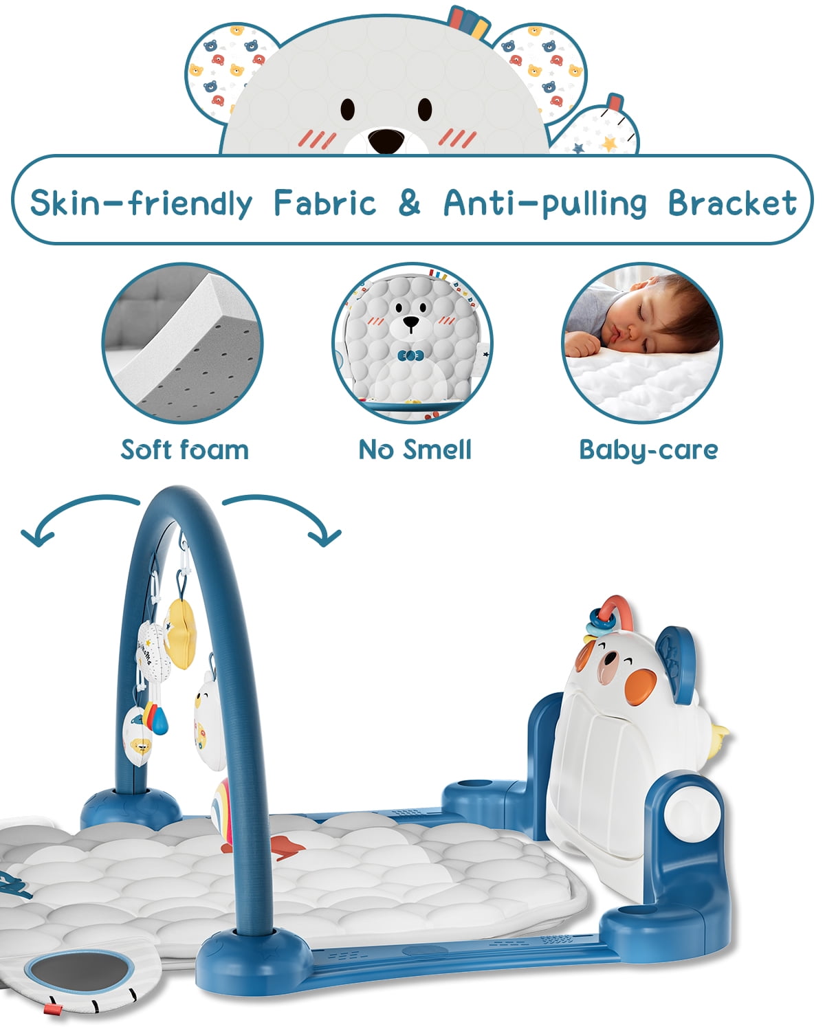 Lauon Bear Style Baby Play Mat - Double-Sided Piano & Kick Tolerance - Upgraded Thickness for Neck Strength & Activity Development - Keep Your Baby Occupied with Play Gym, Tummy Time Toys - 500K Playt