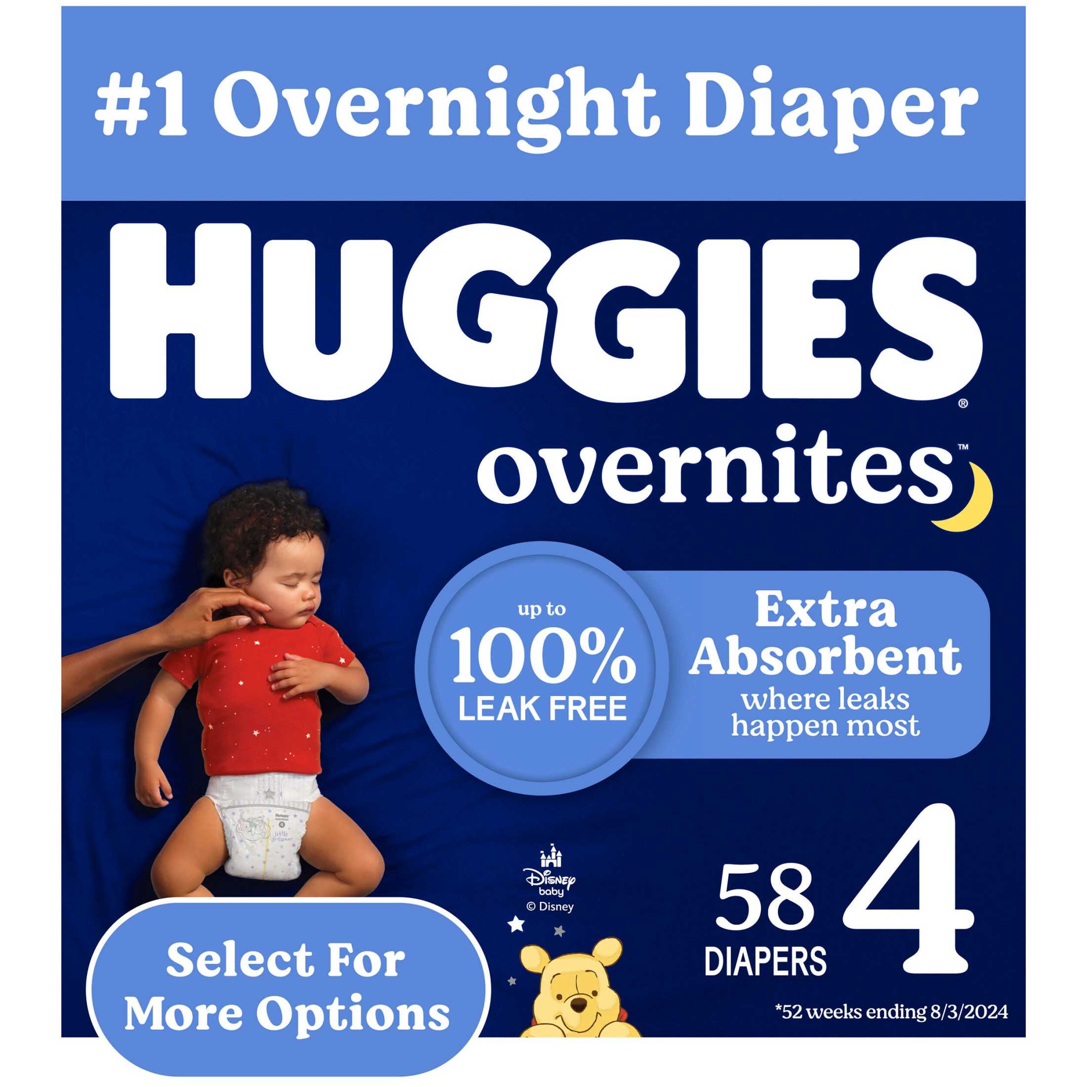 Huggies Overnites Nighttime Baby Diapers, Size 4 (22-37 lbs), 58 Count (Select for More)