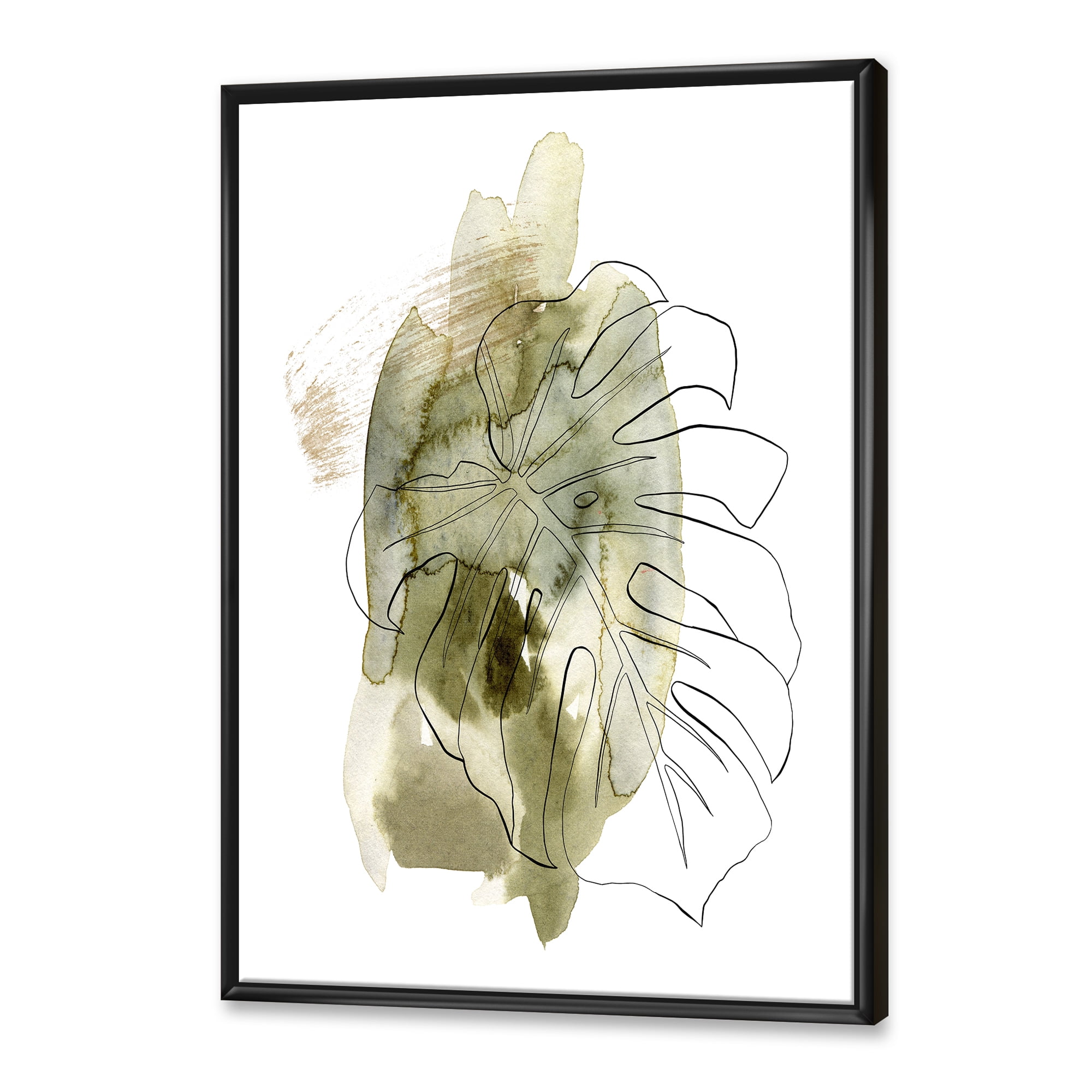 Designart 'Line Art Monstera Branch Tropical Abstract Leaves on Green' Traditional Framed Canvas Wall Art Print