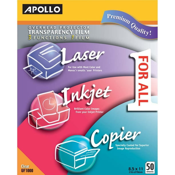 Apollo Color Laser/Inkjet Transparency Film, Letter, Clear, 50/Box