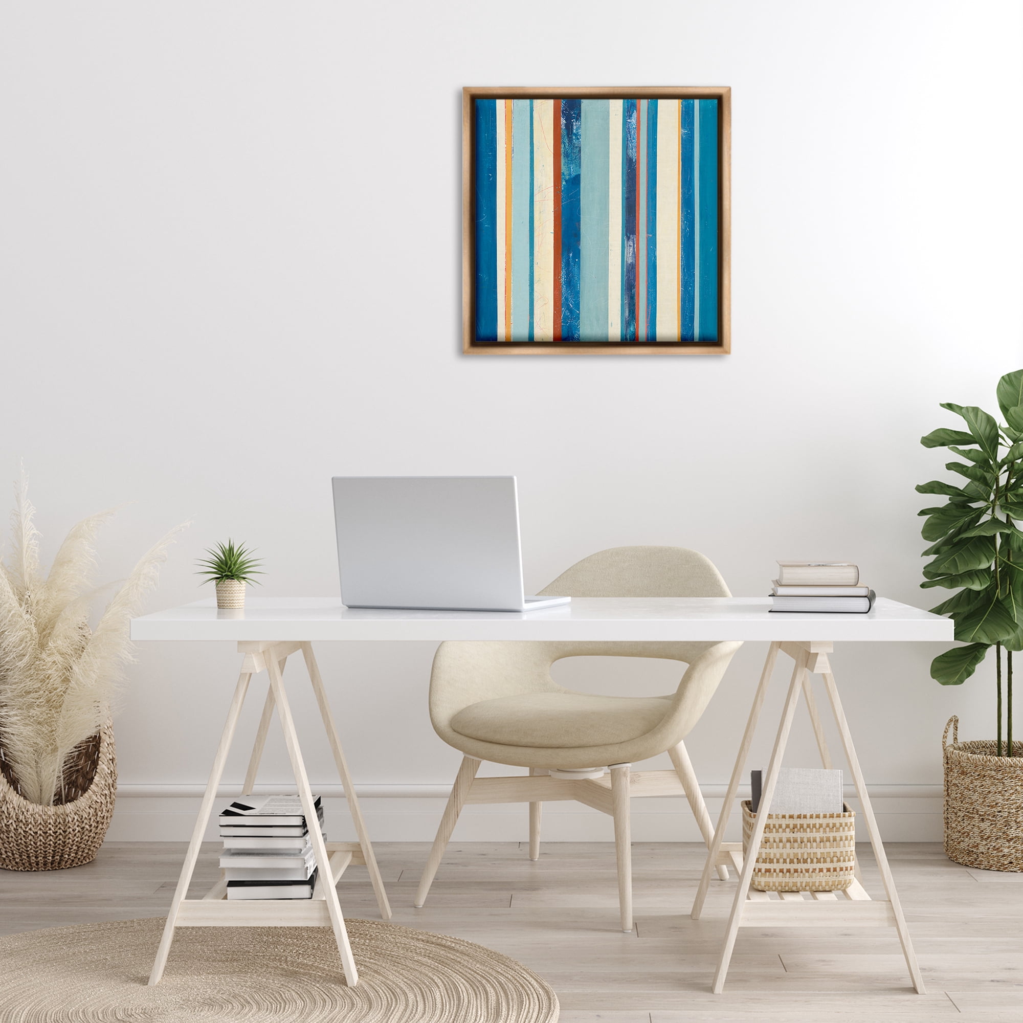 Stupell Industries Distressed Blue Stripes Abstract Painting Brown Floater Framed Canvas Art Print Wall Art, 25 x 25