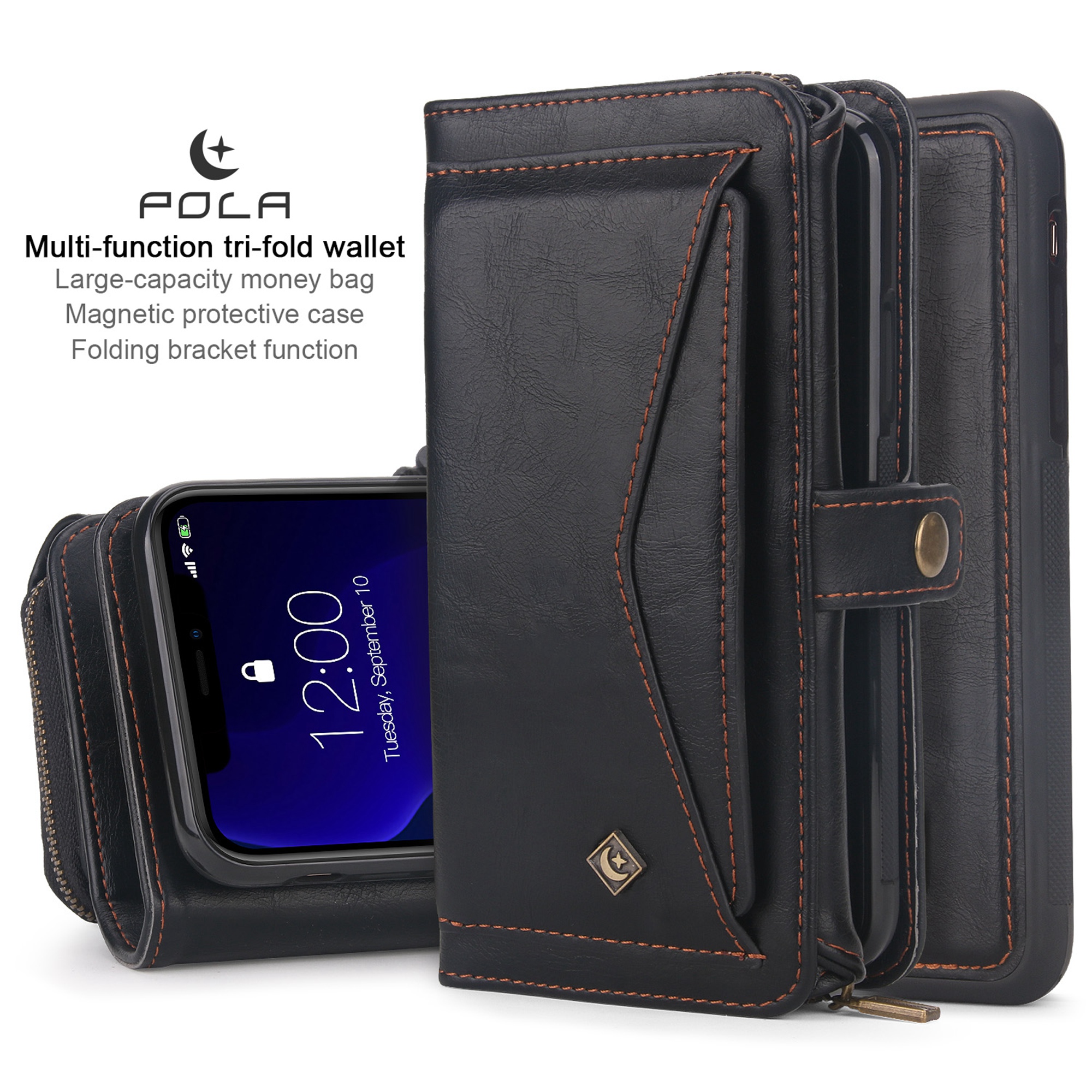iPhone 11Pro Max 6.5 inch Wallet Case, Dteck 2 in 1 Leather Zipper Purse Multi-Function Tri-fold Wallet Case Detachable Magnetic Phone Cover with 14 Card Slots Money Pocket For iPhone 11 Pro Max,Black - image 3 of 11
