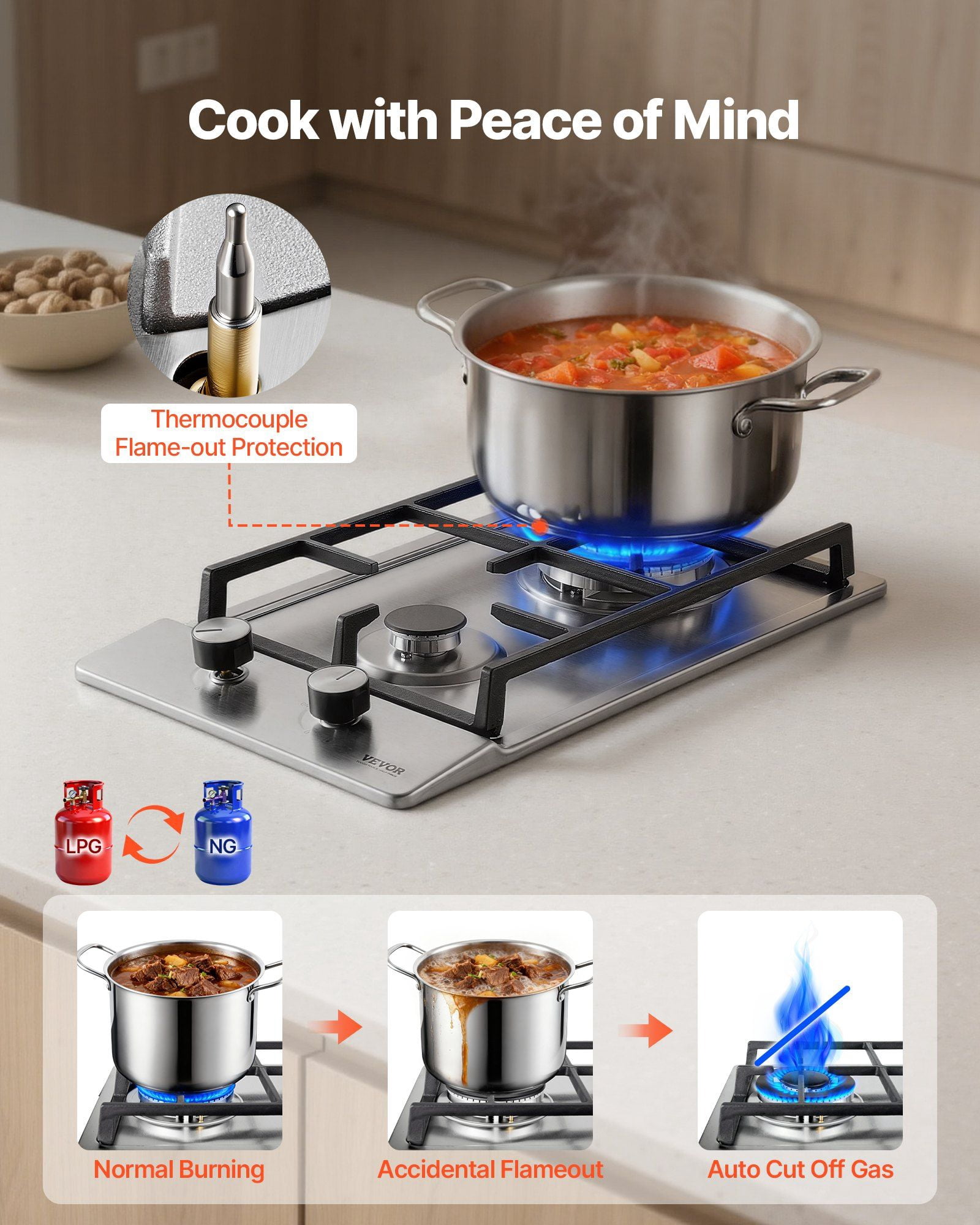 12 Inch Gas Cooktop 2 Burners 12250BTU Built In Stainless Steel LPG NG Convertible Dual Fuel Natural Gas Hob Thermocouple Protection Outdoor Kitchen Camping RV