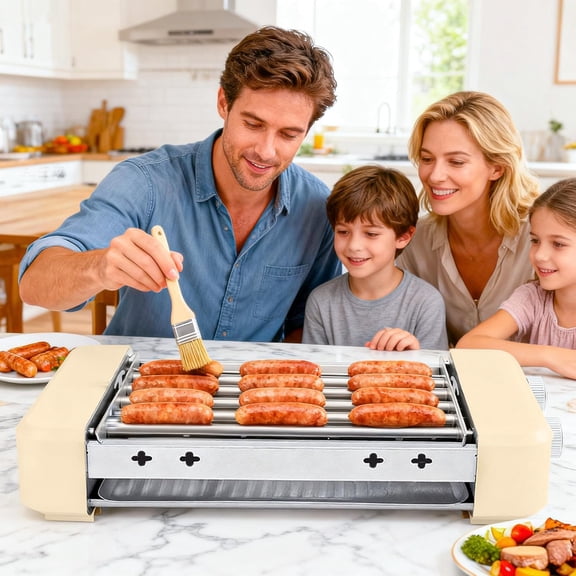 Electric Hot Dog Roller Machine, 3 in 1 Indoor Grill with 360 °   Rotating Tray (9 Sausages) & Removable Grills Net & Nonstick Plate, Hot Dog Roller Grill Sausage Grills for Family BBQ Party