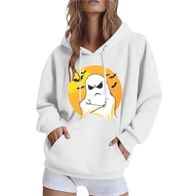 Neewe Women's Hoodies Long Sleeve Sweatshirts Halloween Printed Drawstring Pullover Tops with Pocket Casual Loose Blouses Tunic
