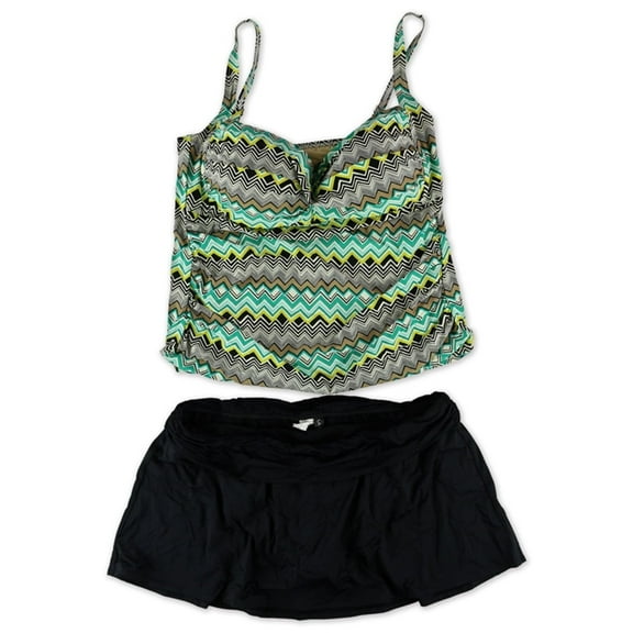 La Blanca Womens Sahara Chevron Skirt 2 Piece Tankini, Green, 22