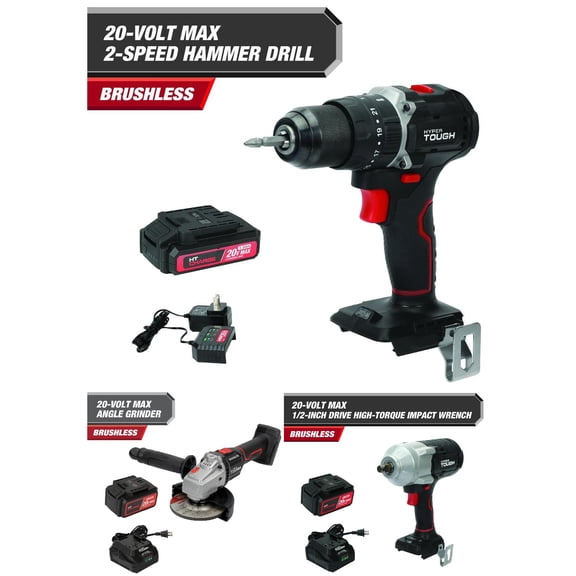 Hyper Tough 20V Brushless Cordless Hammer Drill, Angle Grinder, and High-Torque Impact Wrench