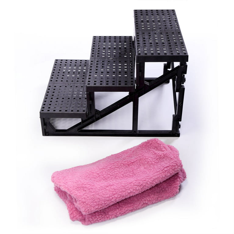 maocao hoom Pink Plastic Dog/Cat Steps - Small Pet Indoor Stairs with Fabric Tread - 3 Steps - Removable Cover - Easy Assembly - Black Frame | BH99588
