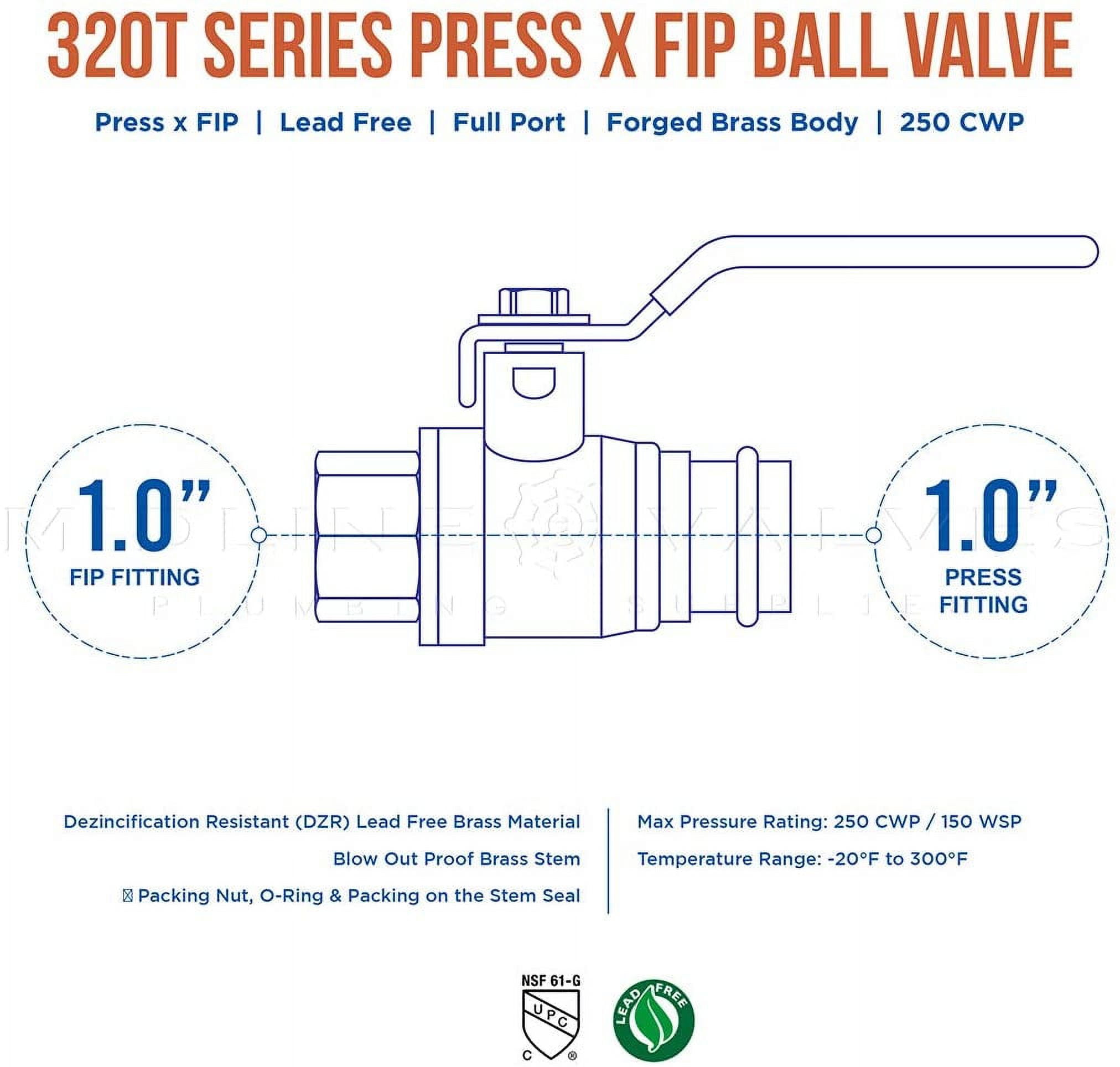 Midline Valve 542001VLVF-5 Premium Adapter Ball Valve, with 1 in. Press x FIP Connections, Brass (Pack of 5)