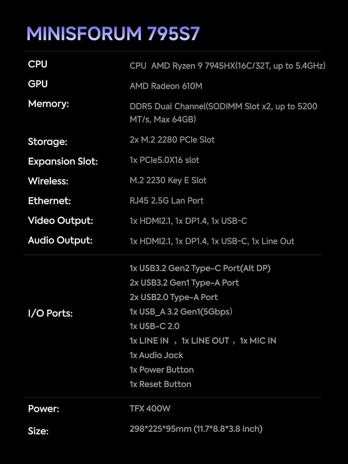 MINISFORUM 795S7 Mini Gaming PC AMD Ryzen9 7945HX Processor Barebone Computer Radeon 610M Graphics