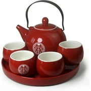 Fiesta Chinese Tea Gift Set 1 TeaPot 4 Cups Porcelain Pot Cups Tray for Ceremony Wedding Party Home Decor