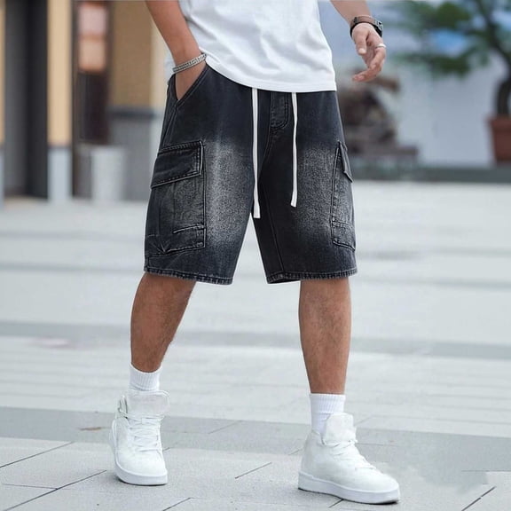 DPTALR Men's Solid Color Sports Denim Drawstring Loose Straight Versatile Shorts with Large Pockets,Black,Big and Tall Men XL