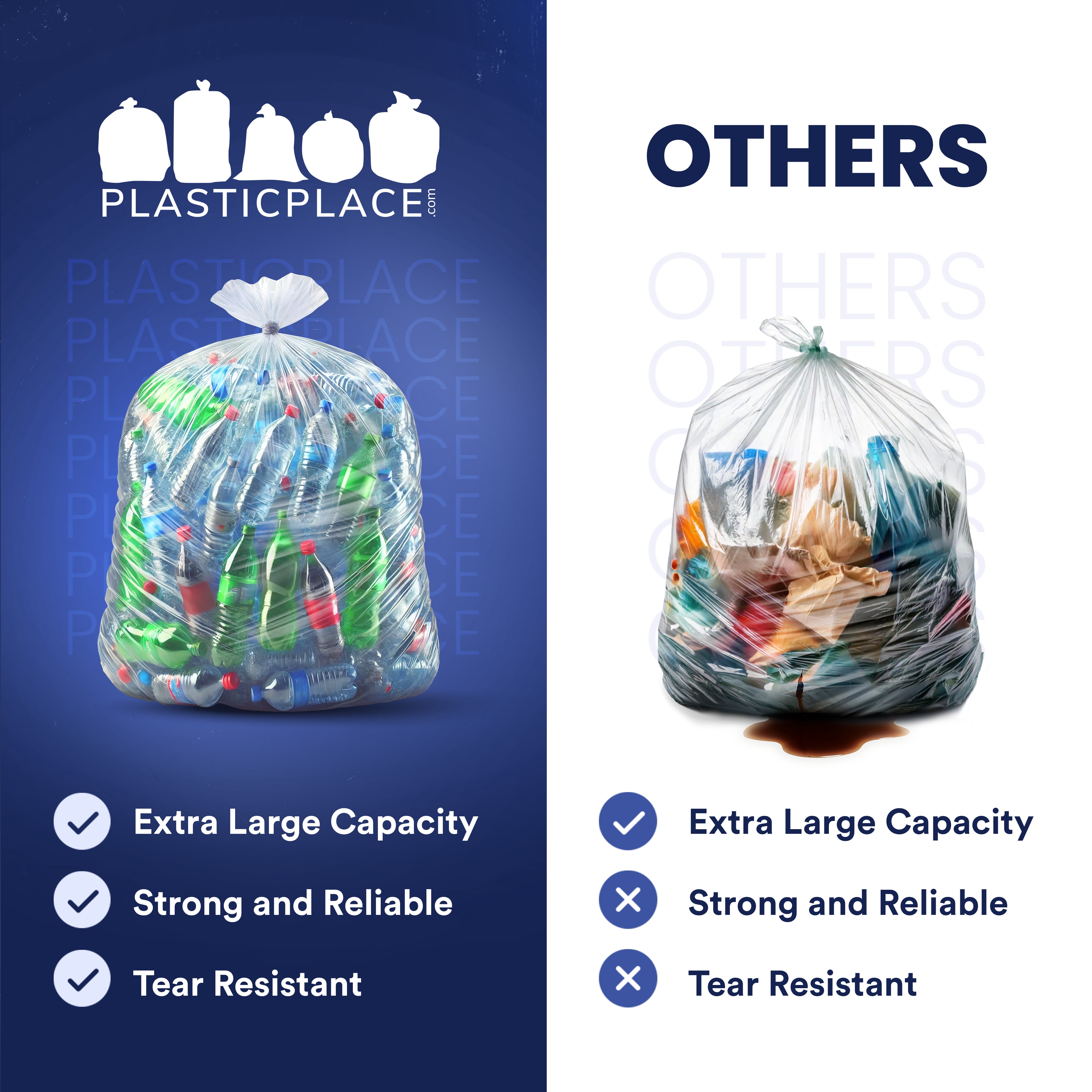 Plasticplace 56 Gallon Trash Bags - Clear High Density Garbage Bags - Heavy Duty, Scent-Free, Large Trash Can Liners for Kitchen, Commercial, & Garden Use 16 Microns, Leak-Proof, 43" x 48", 150 Count