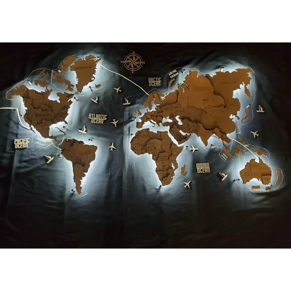 Led Light 3D Wood World Map for Wall Decor - Home Decor World Map with 6ft Power Cord - 3D Wood World Map Wall Art for Home & Kitchen or Office - Unique Gift Idea for Travel Lover (Large, Grey)