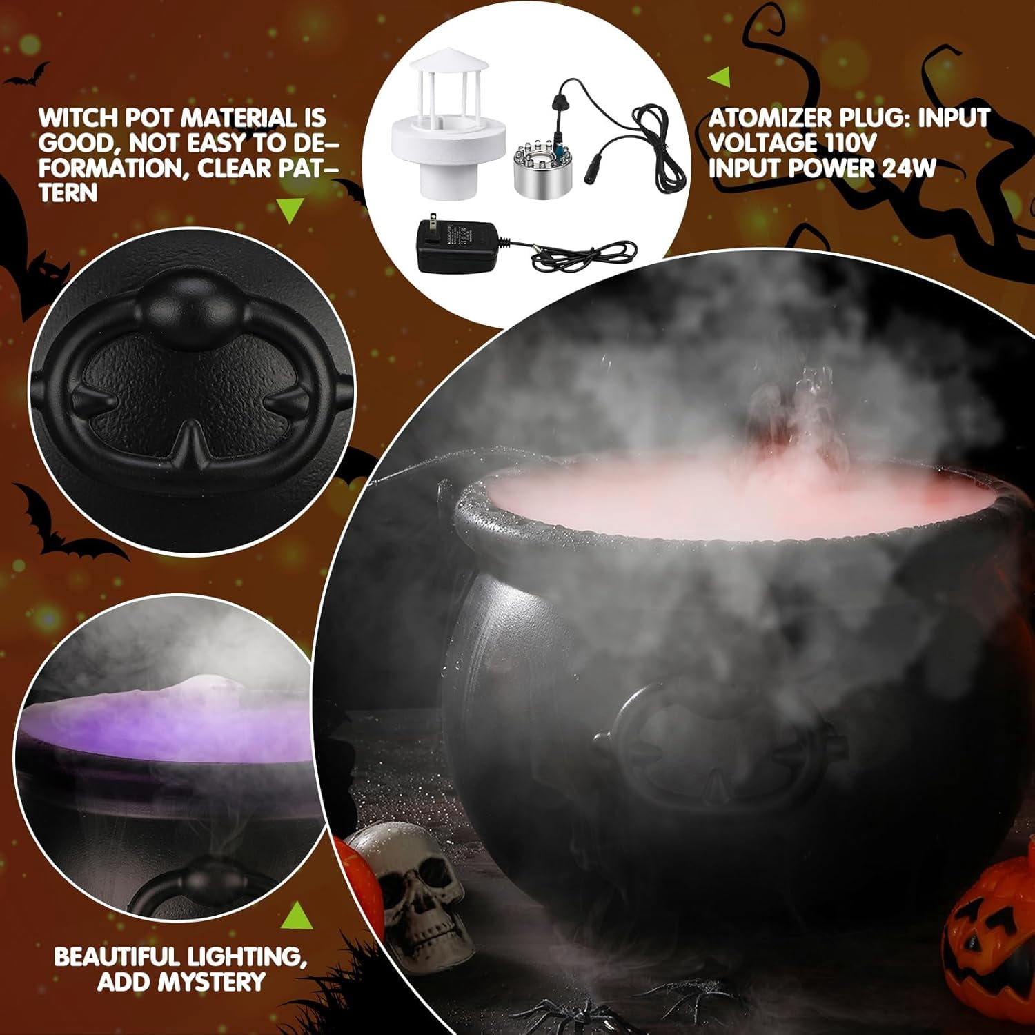 Halloween Witches Cauldron 8 Plastic Smoking Cauldron Punch Bowl Decorations with Handle Mist Maker Fogger 12 LED Lights Fog Machine Atomizer Large Smoking Pot for Indoor Outdoor Parties