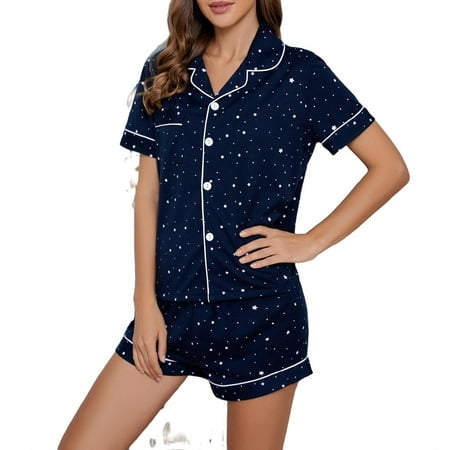 

2pcs Set Elegant Lapel Neck Short Sets Short Sleeve Navy Blue Women s Pajama Sets (Women s)