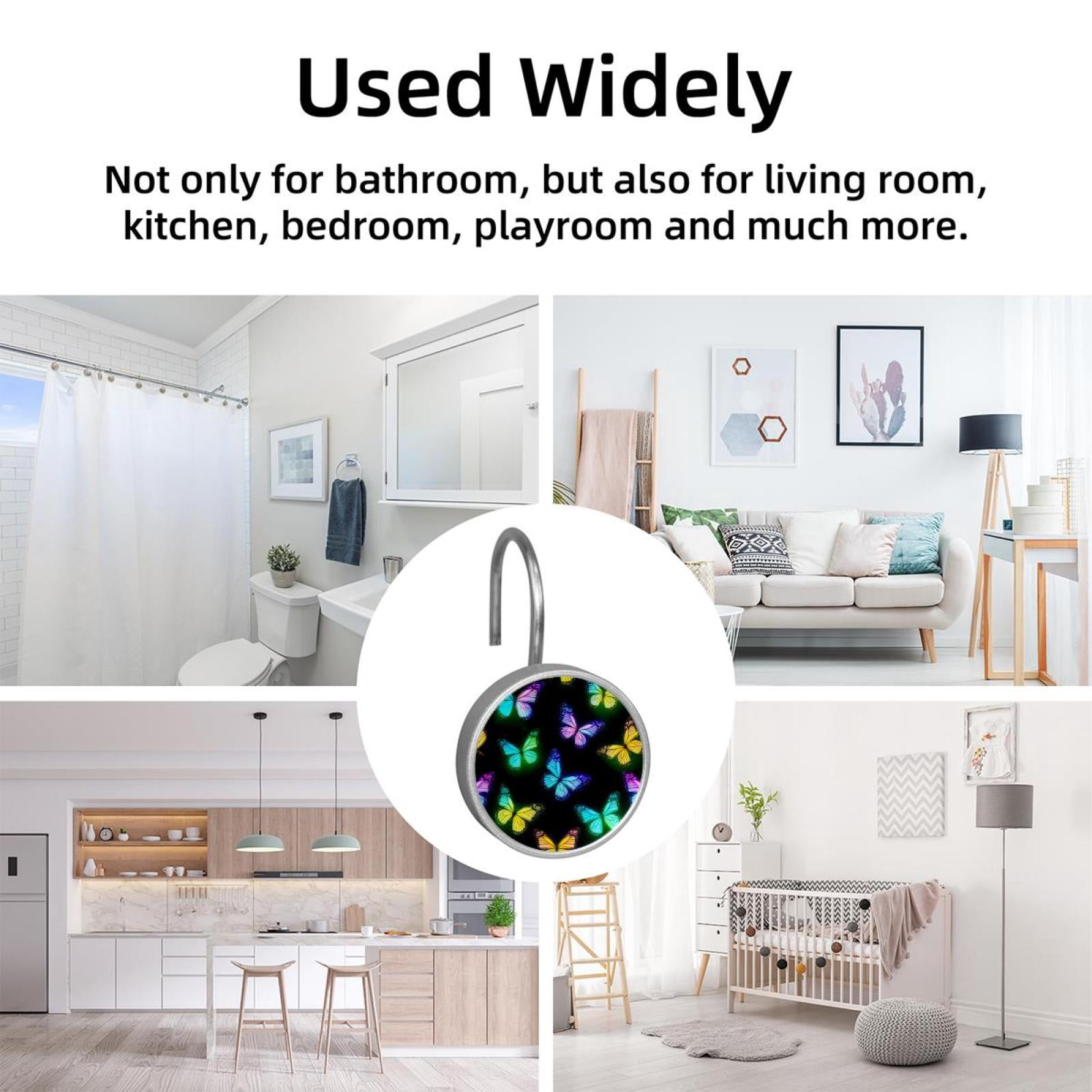 12pcs Decorative Shower Curtain Hooks, Rust Resistant Shower Rings for Bathroom Living Room,Rustproof Stainless Steel Rings for Shower Curtain and Liner Rods,Neon Colorful Butterflies