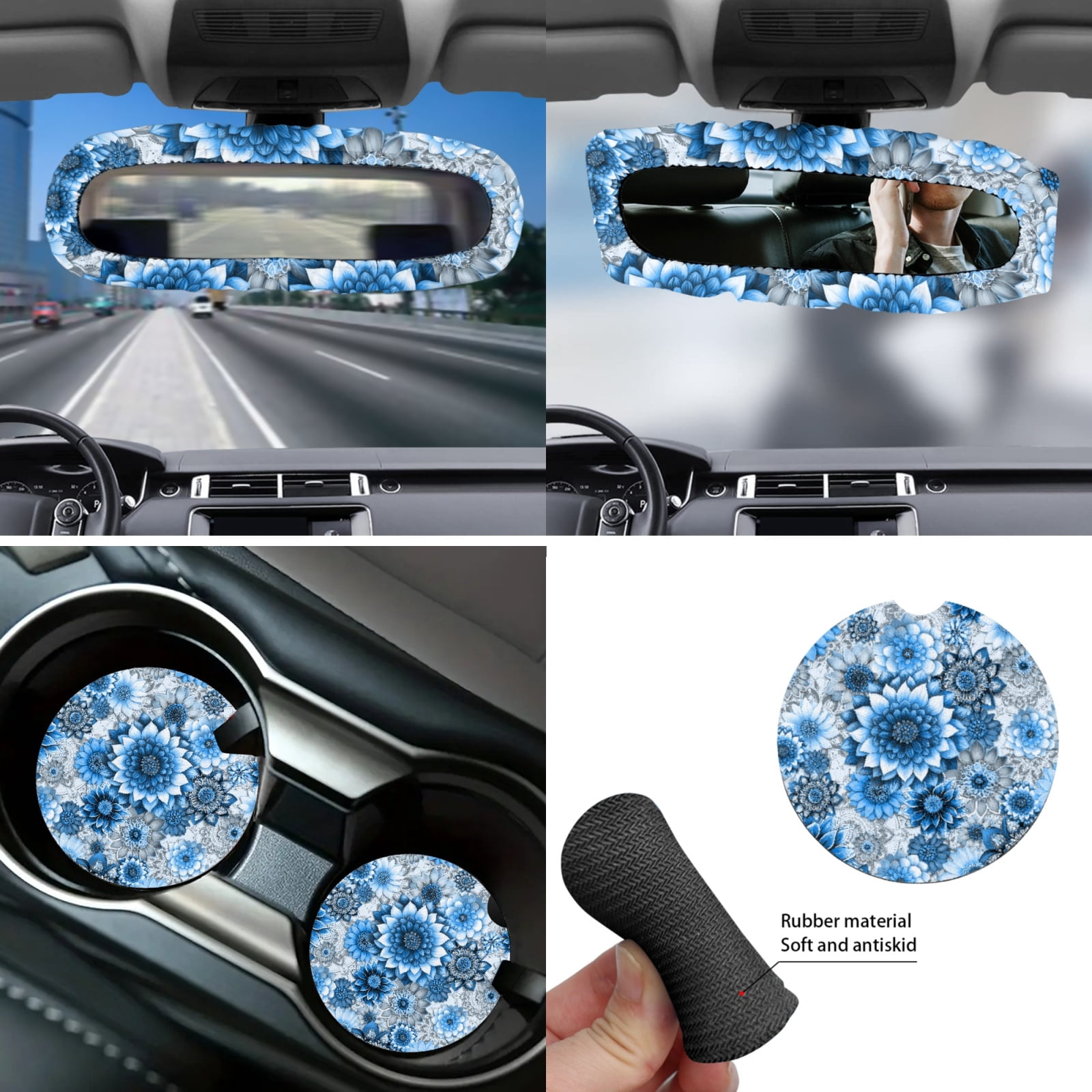 Yuyamidu Blue Dalia Car Seat Cover Set of 14 Boho Steering Wheel Cover Seat Belt Pads Waste Basket Bin Rearview Mirror Cover Cup Holder Center Console Cover Handbrake Cover Gear Shift Cover