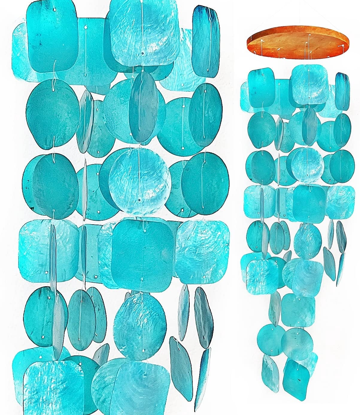 Handmade Wind Chimes Outdoor  Musical Garden Decorations Beach Breeze Gifts For Mom Outside Windchimes 63pcs Capiz Shells Sea Glass Wood Turquoise 20744